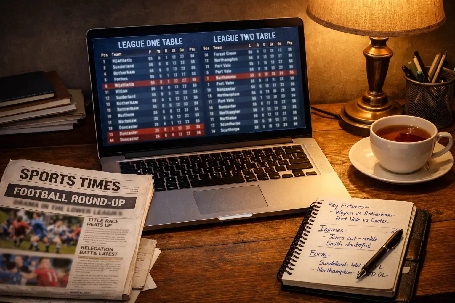 Desk with laptop showing lower league statistics and local newspaper