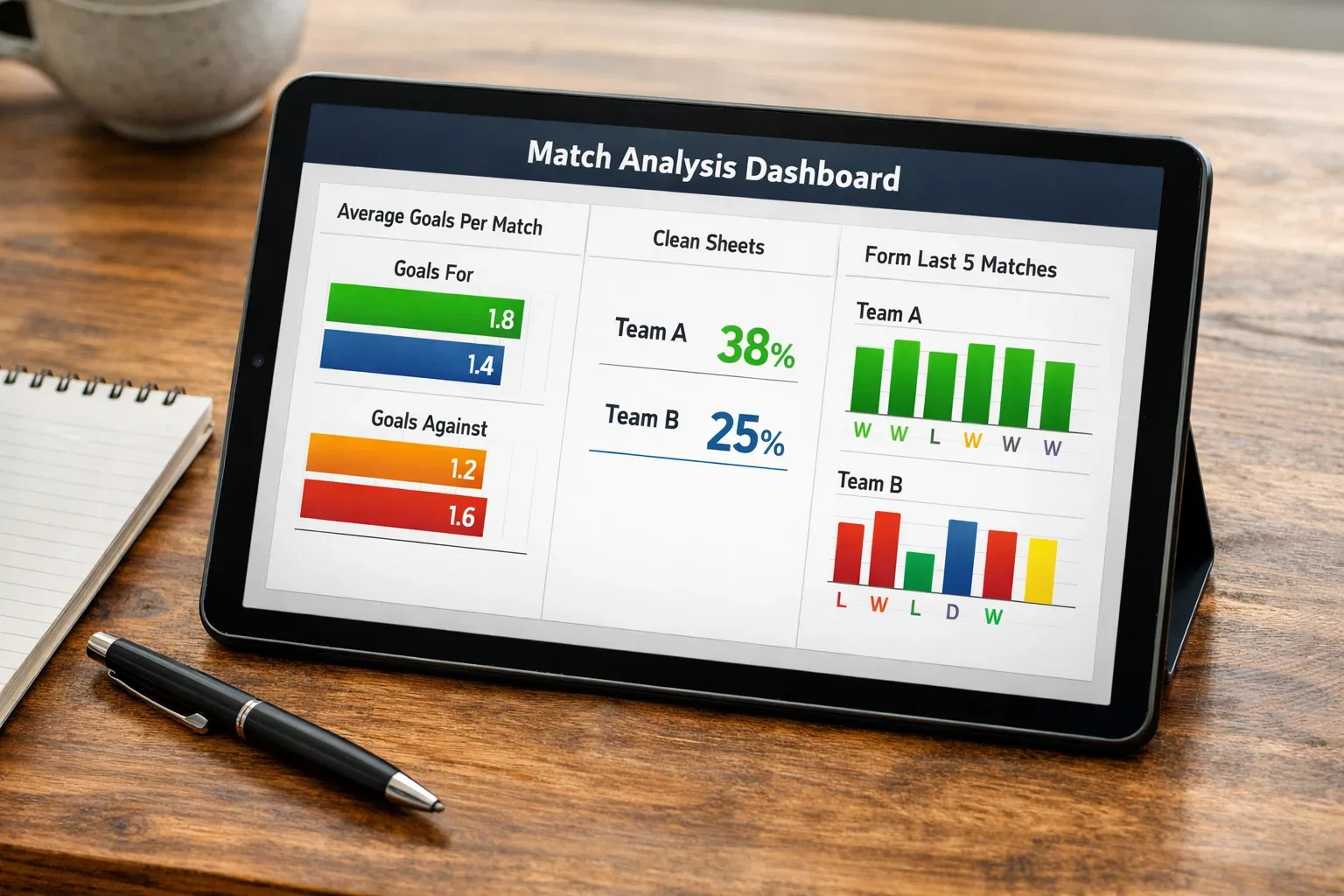Football statistics dashboard showing team scoring and goal data