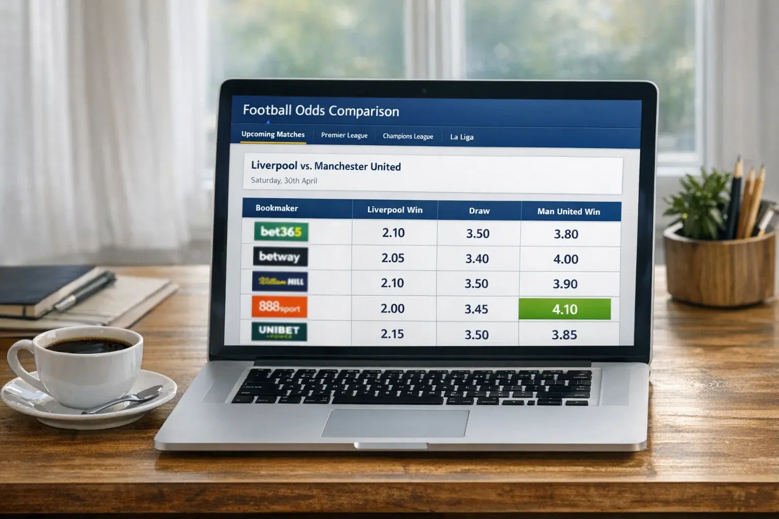 Computer showing odds comparison website for football matches