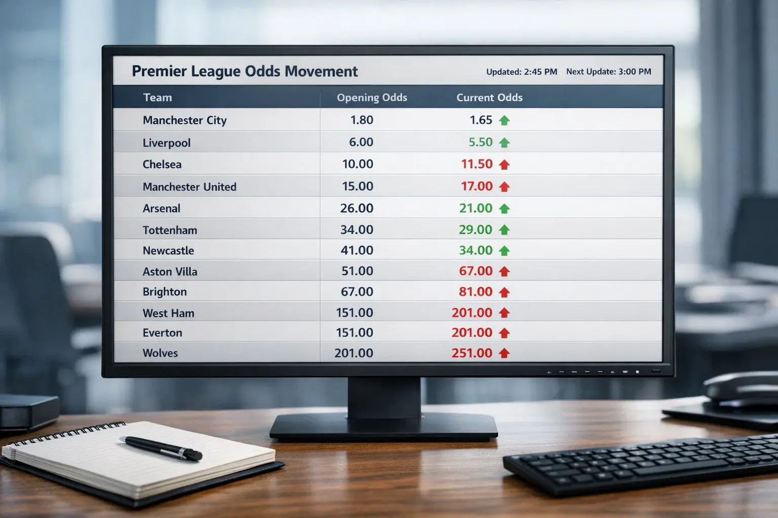 Computer screen showing Premier League odds movements and line changes