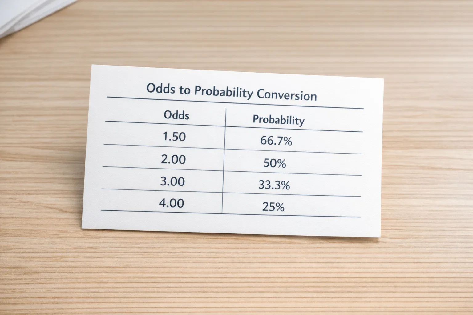 Reference card showing common odds to probability conversions