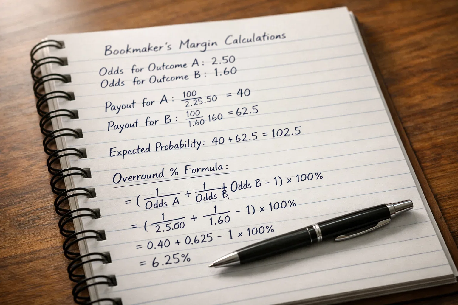Notepad showing overround calculation with football match odds