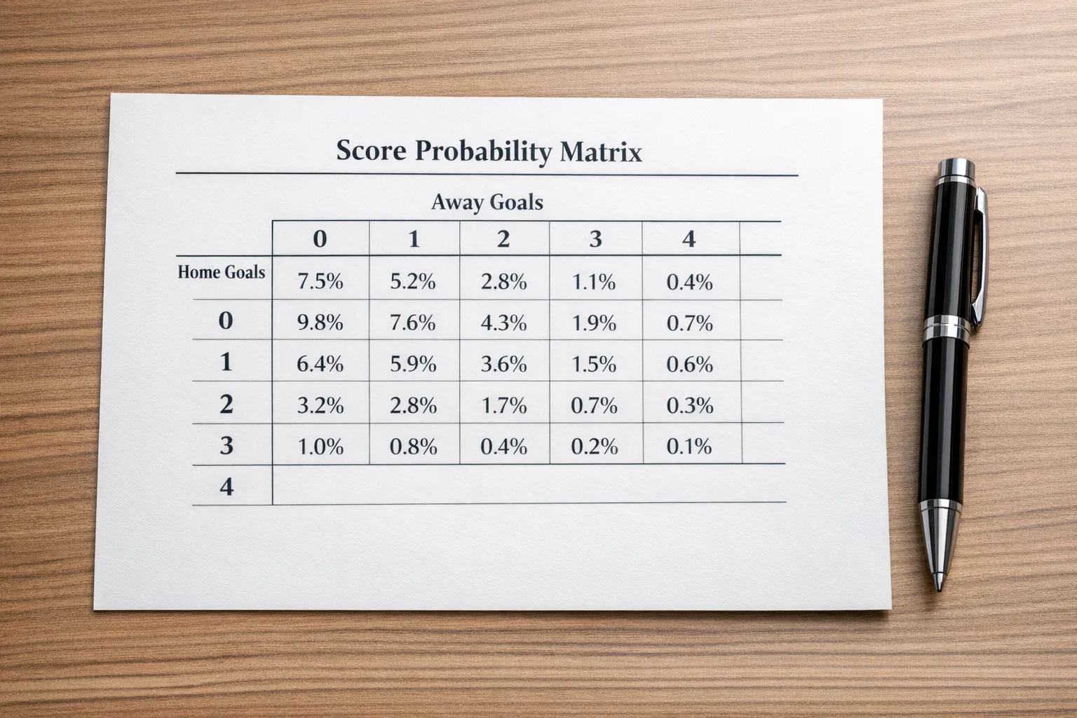 Probability matrix showing scoreline predictions with percentages