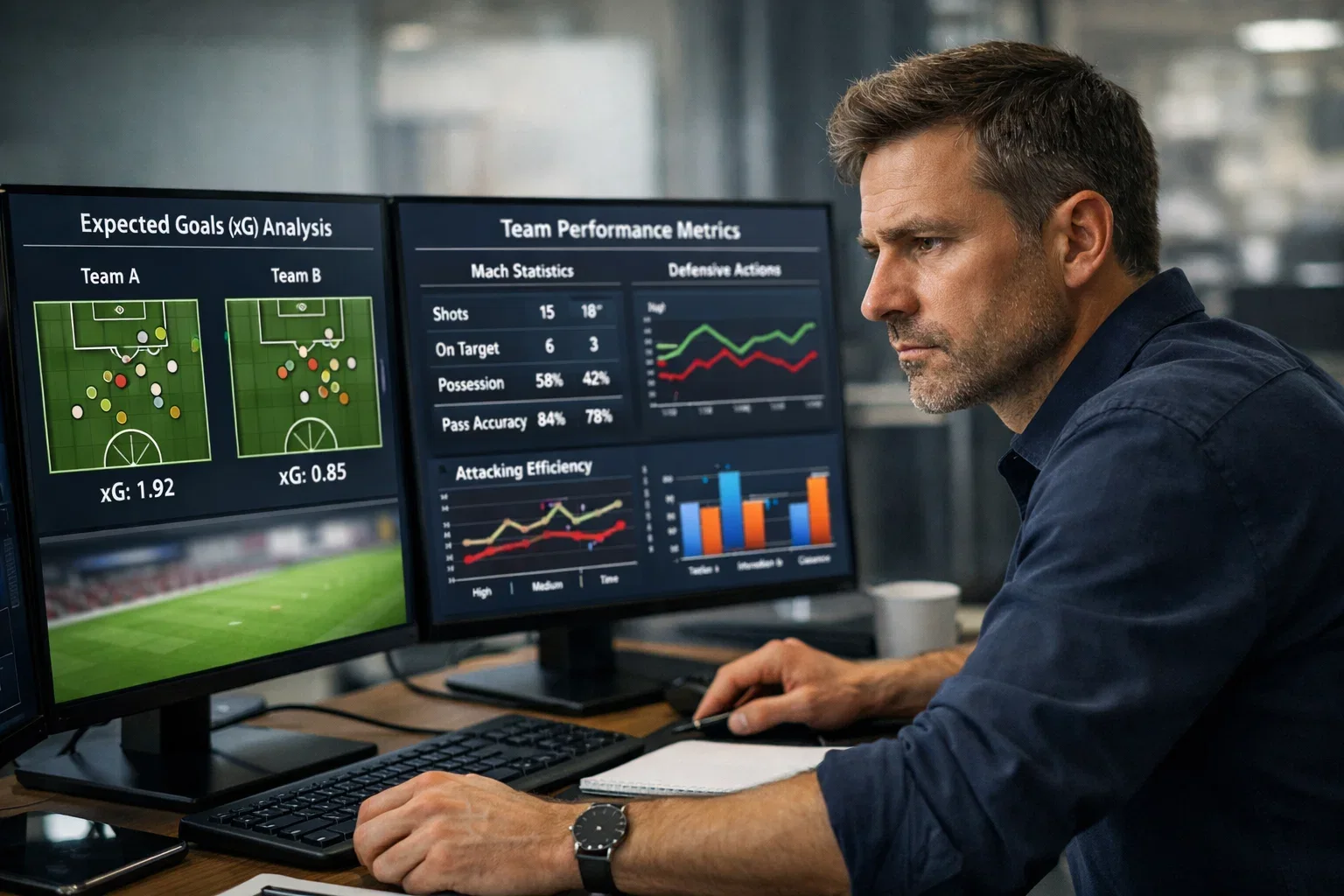 Analyst reviewing football statistics on multiple screens
