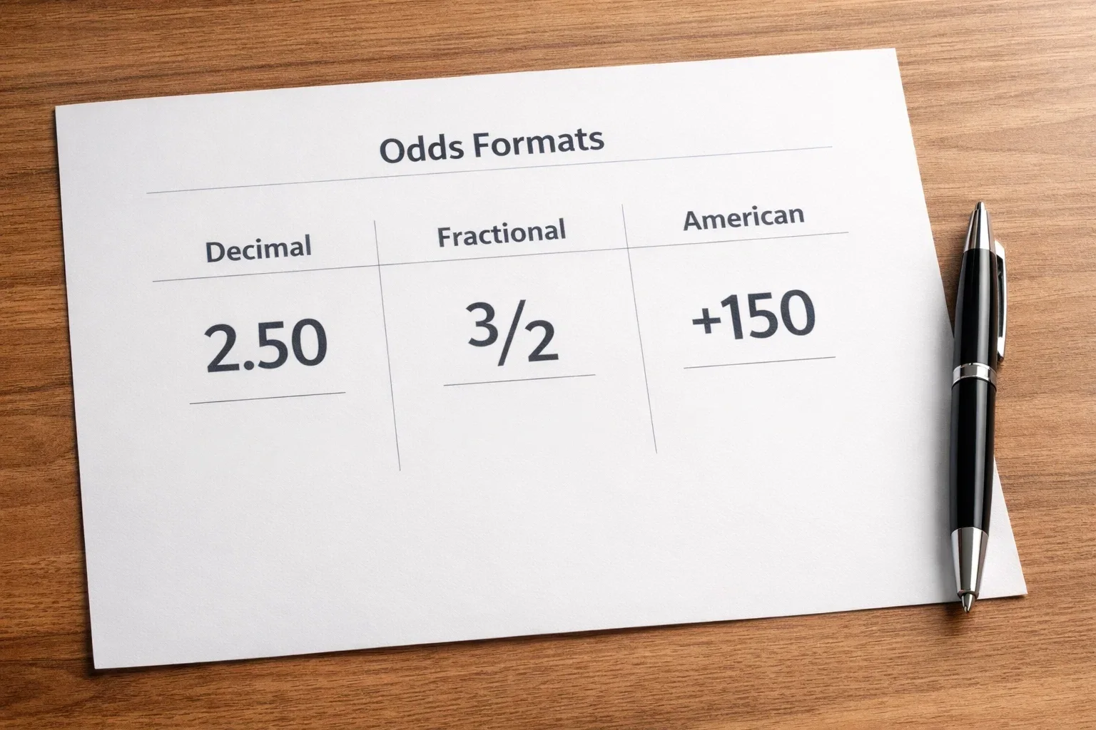Chart comparing different odds formats and their probability percentages