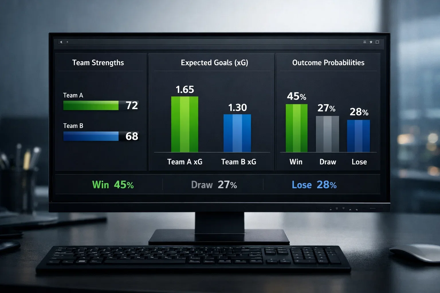 Computer screen showing probability model with football statistics