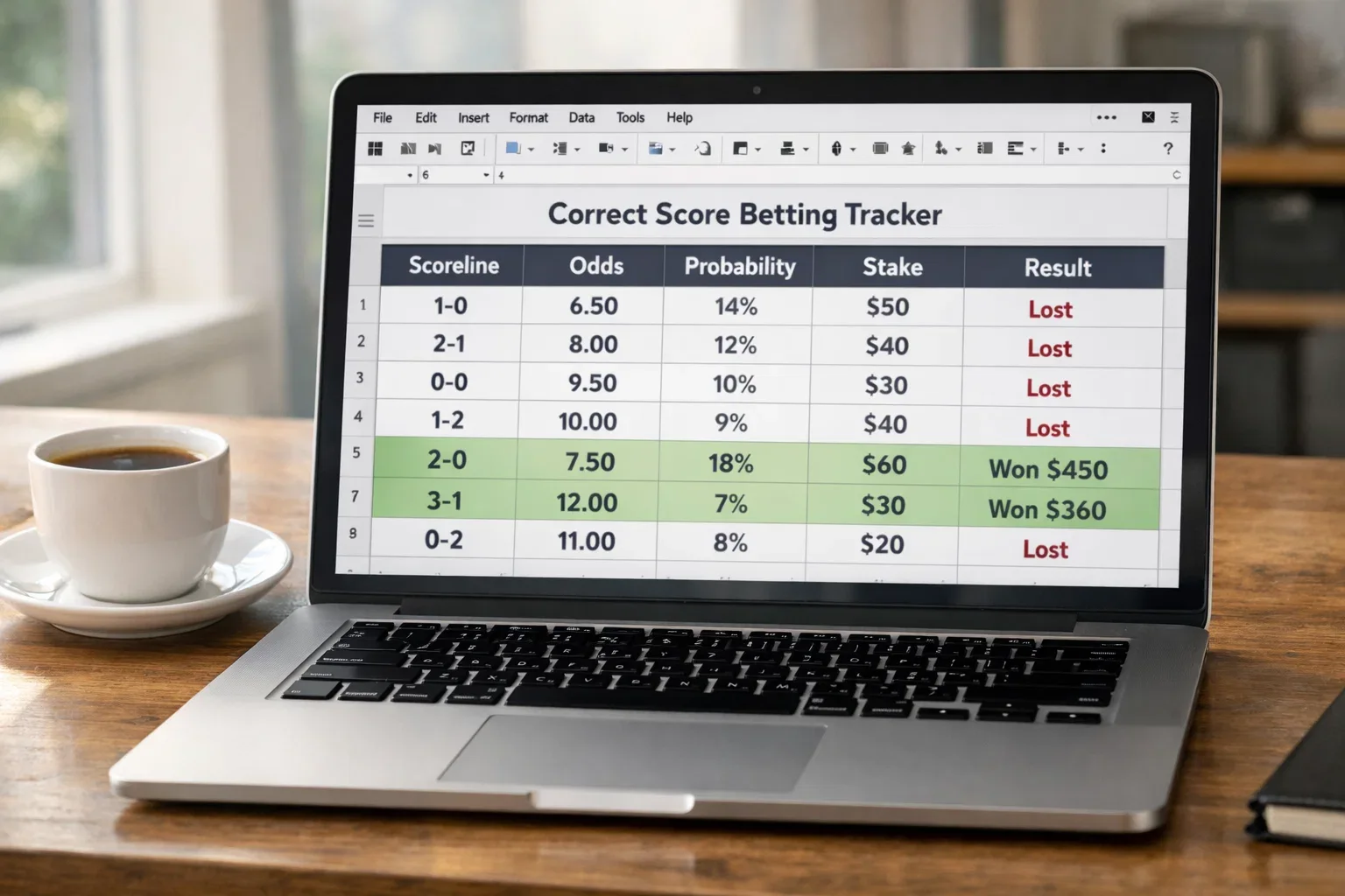 Spreadsheet showing correct score betting records and probability calculations
