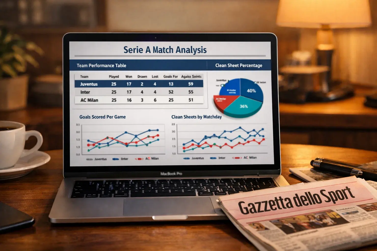 Computer displaying Serie A statistics and match data