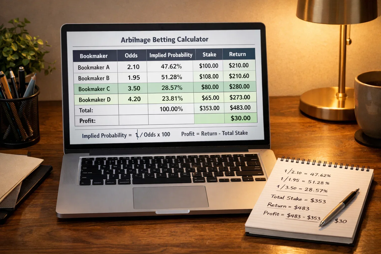 Spreadsheet showing arbitrage stake calculations with formulas