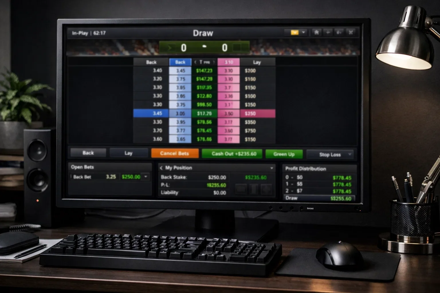 Football trading software showing ladder interface and position management