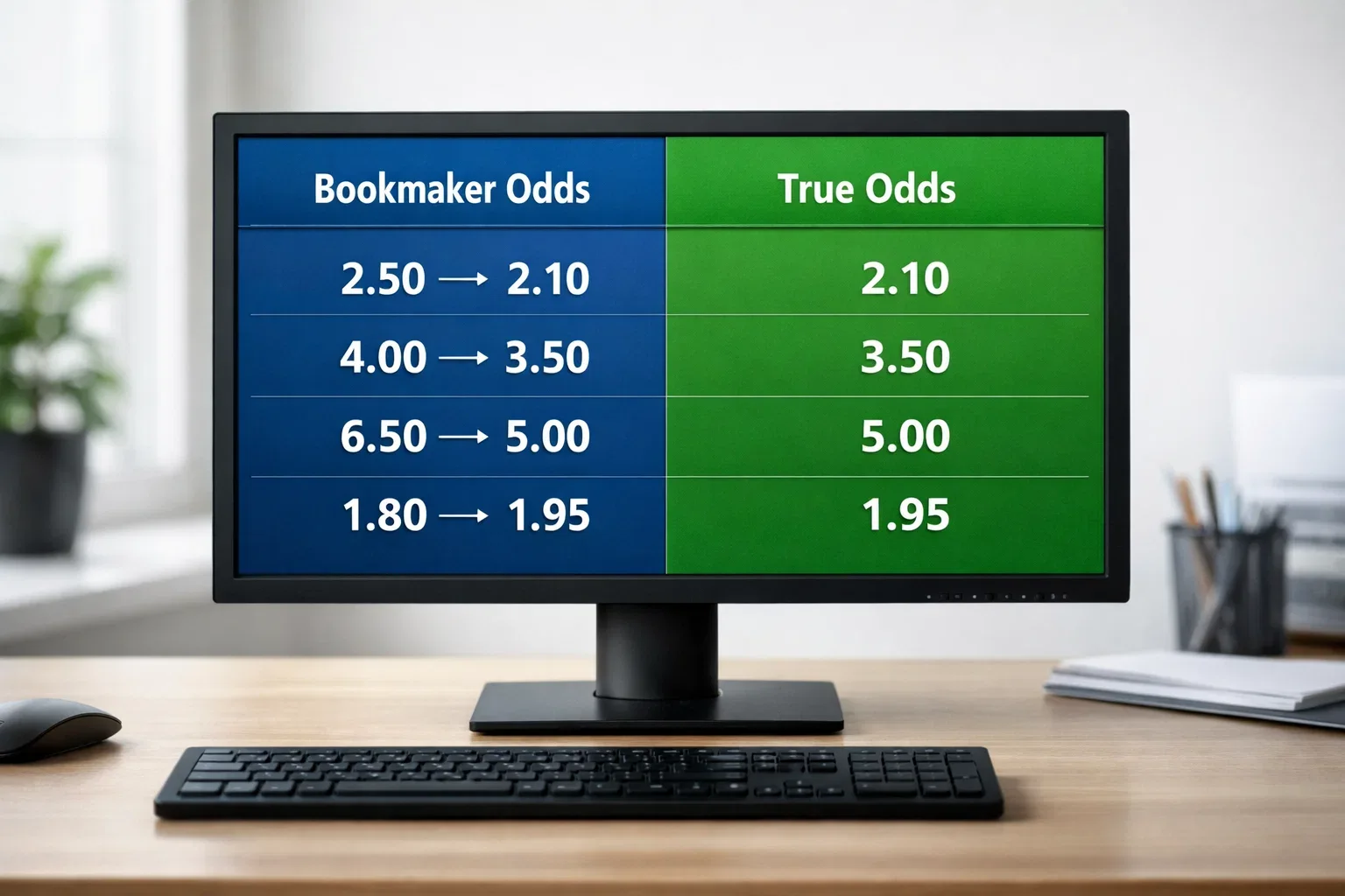 Side-by-side comparison of bookmaker odds versus fair odds on a screen