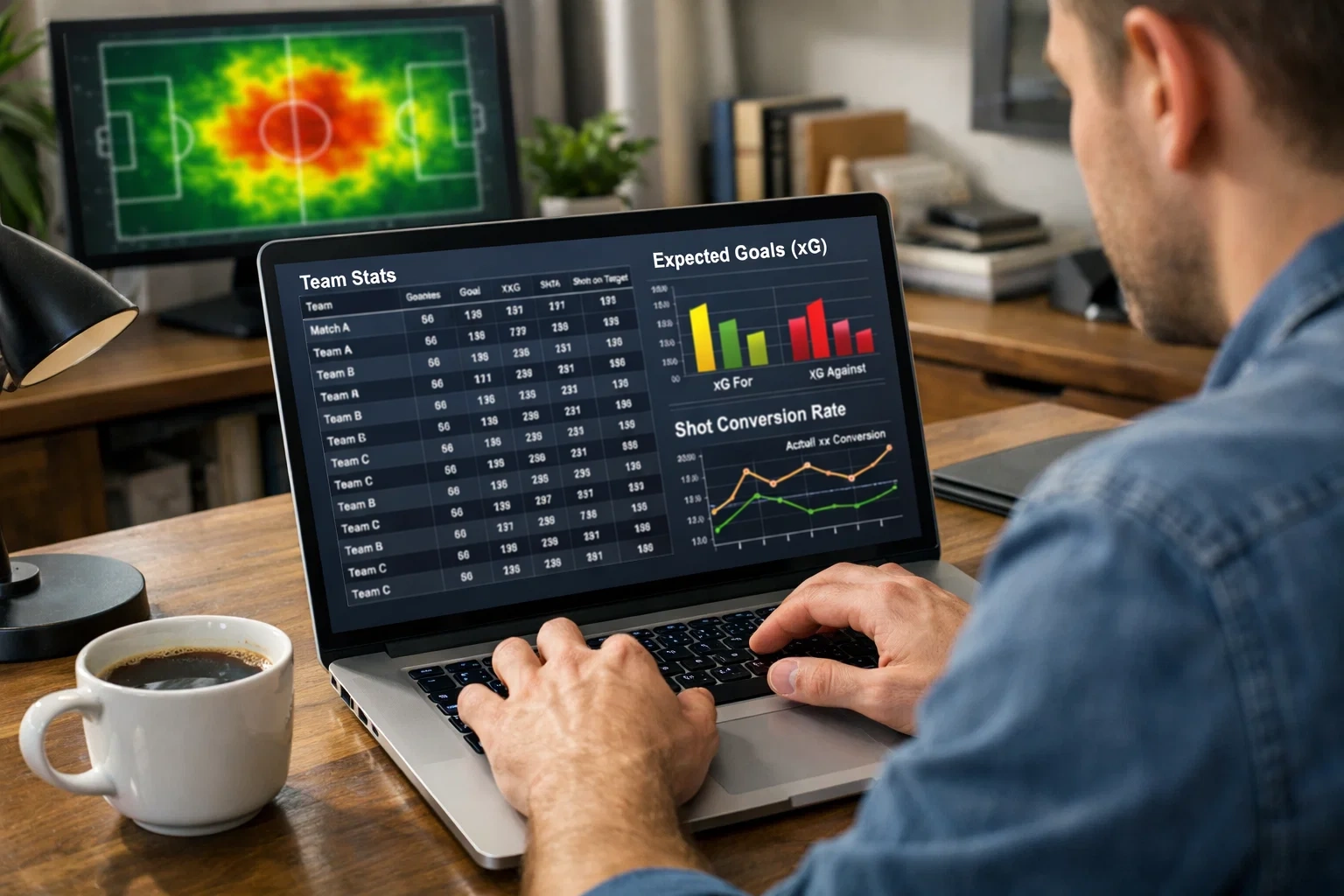 Analyst reviewing xG data on computer with football statistics